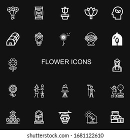 Editable 22 flower icons for web and mobile. Set of flower included icons line Bouquet, Seed, Rose, Lotus, Eco, Greenhouse, Dandelion, Flower basket, Plant on black background