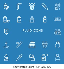 Editable 22 Fluid Icons For Web And Mobile. Set Of Fluid Included Icons Line Blood Transfusion, Test Tube, Chemical Reaction, Pipette, Ink, Mouthwash, Eye Dropper On Blue Background