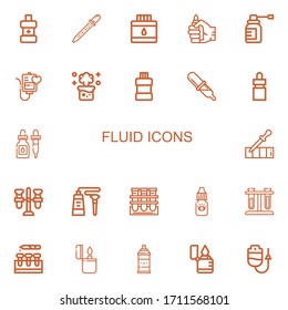 Editable 22 Fluid Icons For Web And Mobile. Set Of Fluid Included Icons Line Mouthwash, Pipette, Ink, Lighter, Spray, Blood Transfusion, Chemical Reaction On White Background