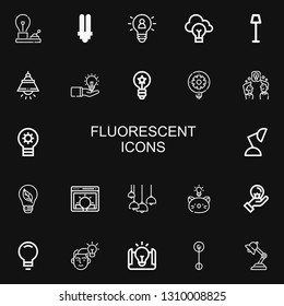 Editable 22 fluorescent icons for web and mobile. Set of fluorescent included icons line Bulb, Lightbulb, Idea, Lamp on black background