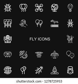 Editable 22 fly icons for web and mobile. Set of fly included icons line Beetle, Balloons, Drone, Earth, Hot air balloon, Seats, Science fiction, World, Balloon on black background
