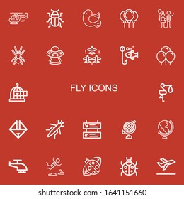 Editable 22 fly icons for web and mobile. Set of fly included icons line Helicopter, Beetle, Pigeon, Balloons, Balloon, Tarantula, Ufo, Aircraft, Fishing, Freedom on red background