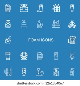 Editable 22 foam icons for web and mobile. Set of foam included icons line Beer, Oxigen, Gel, Soap, Bath, Dispenser, Antiseptic, Shampoo on blue background
