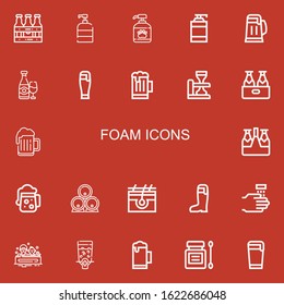 Editable 22 foam icons for web and mobile. Set of foam included icons line Beers, Soap, Shampoo, Beer, Skin, WASHING HANDS, Bath, Dispenser, Antiseptic on red background