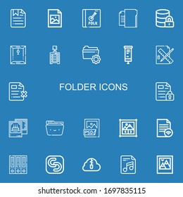 Editable 22 folder icons for web and mobile. Set of folder included icons line File, Jpeg, Album, Folder, Hosting, Dossier, Drawer, Roll up, Edit tools, Pictures on blue background