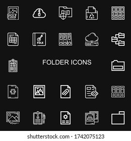 Editable 22 iconos de carpetas para web y móvil. Conjunto de carpetas incluidas línea de iconos archivo Psd, nube Zip, carpeta, carpetas, archivo, álbum, servidor de nube, historial médico en fondo negro