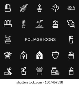 Editable 22 foliage icons for web and mobile. Set of foliage included icons line Plant, Leaf, Maple leaf, Bush, Oak leaf, Fern, Acorn on black background