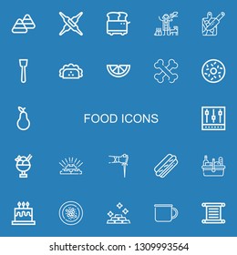 Editable 22 food icons for web and mobile. Set of food included icons line Candy corn, Calcium, Toaster, Veterinarian, Cutting board, Spatula, Taco, Lemon, Bones on blue background