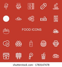 Editable 22 Food Icons For Web And Mobile. Set Of Food Included Icons Line Ice Cream, Dog, Travel Guide, Courgette, Fast Food, Corn, Pamela, Thai, Tuna, Seed On Red Background