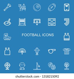 Editable 22 football icons for web and mobile. Set of football included icons line Vuvuzela, German, Billiard, Football, Rugby ball, Volleyball, Penalty, School on blue background