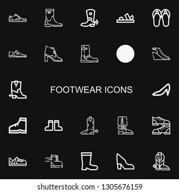 Editable 22 footwear icons for web and mobile. Set of footwear included icons line Sneaker, Boot, Sandals, Shoes, Boots, Heels, Sneakers, Shoe on black background