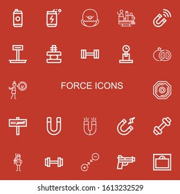 Editable 22 force icons for web and mobile. Set of force included icons line Energy drink, Eagle, Attraction, Magnet, Weight, Force, Grenade, Disgusted, War on red background