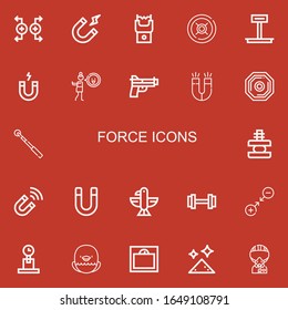 Editable 22 force icons for web and mobile. Set of force included icons line Magnet, Magnetism, Stun gun, Weight, Disgusted, Gun, Magnetic, Force, Eagle, Gravity on red background