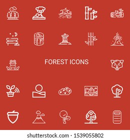 Editable 22 forest icons for web and mobile. Set of forest included icons line Forest, Savannah, Trunk, Bamboo, Wood, Park, Log, Inukshuk, Volcano, Frog, Fox on red background