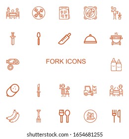 Editable 22 fork icons for web and mobile. Set of fork included icons line Dinner, Vegan food, Menu, Bbq, Gardener, Knife, Spoon, Grill, Sausage, Ketchup, Forklift on white background