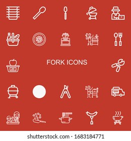 Editable 22 fork icons for web and mobile. Set of fork included icons line Plates, Spoon, Grill, Farmer, Picnic, Chinese food, Cooking, Gardener, Cutlery, Lunch on red background