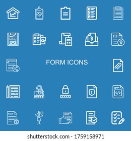 Editable 22 iconos de formulario para web y móvil. Conjunto de formulario incluido iconos línea Cantidad, Portapapeles, Documento, Prueba, Lista, Bloc de notas, Facturación, Impuestos, Archivo, Hoja, Contraseña en fondo azul