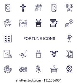 Editable 22 fortune icons for web and mobile. Set of fortune included icons line Ace, Chinese knot, Magic, Chinese, Roulette, Gamblers, Slot machine, Dice on white background