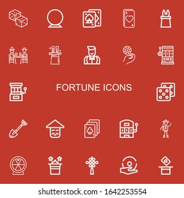 Editable 22 fortune icons for web and mobile. Set of fortune included icons line Dices, Crystal ball, Playing cards, Ace, Magic, Gamblers, Croupier, Casino chip on red background