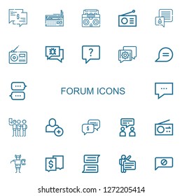 Editable 22 forum icons for web and mobile. Set of forum included icons line Chat, Radio, Talking, Add user, Talk, Troll, Speech on white background