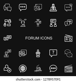 Editable 22 forum icons for web and mobile. Set of forum included icons line Chat, Commentator, Comment, Talk, Troll, Radio, Speech, Add user on black background