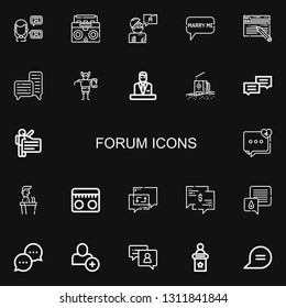 Editable 22 forum icons for web and mobile. Set of forum included icons line Talk, Radio, Answer, Speech bubble, Blog, Chat, Troll, Commentator, Speech, Comment on black background