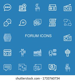 Editable 22 forum icons for web and mobile. Set of forum included icons line Comment, Chat, Speech, Radio, Feedback, Troll, Talk on blue background