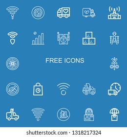 Editable 22 free icons for web and mobile. Set of free included icons line Hotspot, Vegan food, Truck, Signal, Wireless, Wifi, Sugar cube, Slavery, Delivery on blue background
