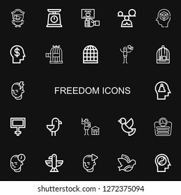 Editable 22 freedom icons for web and mobile. Set of freedom included icons line Parrot, Scale, Peace, Mindfulness, Mind, Bird cage, Dove, Seagull, Human rights on black background