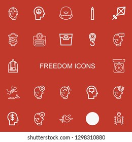 Editable 22 freedom icons for web and mobile. Set of freedom included icons line Mind, Peace, Eagle, National mall, Kite, Parrot, Scale, Bird cage, Skydiving on red background