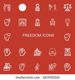 Bearbeitbare 22 Freiheitssymbole für Web und Mobile. FreiheitsSet inklusive Ikonen Linie Motivation, Kite, Prisioner, Menschenrechte, Maßstäbe, Geist, Pride, Hippie, Sklaverei auf rotem Hintergrund