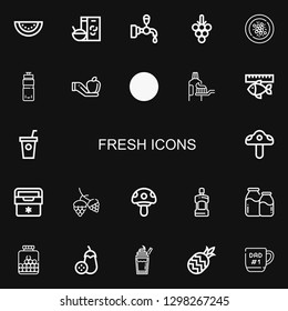 Editable 22 fresh icons for web and mobile. Set of fresh included icons line Watermelon, Breakfast, Beer tap, Grapes, Oyster omelette, Water bottle, Apple on black background