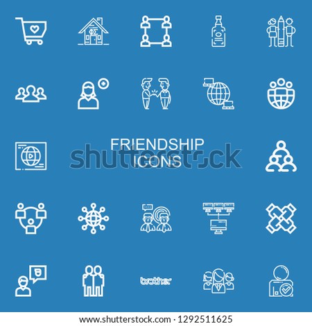 Editable 22 friendship icons for web and mobile. Set of friendship included icons line Solidarity, Fraternity, Network, Spirits, Teamwork, Add user, Handshake on blue background