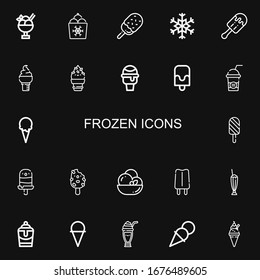 Editable 22 frozen icons for web and mobile. Set of frozen included icons line Ice cream, Snowflake, Icecream, Popsicle, Milkshake on black background