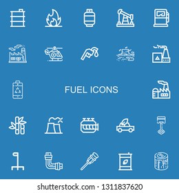Editable 22 fuel icons for web and mobile. Set of fuel included icons line Barrel, Fire, Gas, Oil, Gas pump, Factory, Helicopter, Gas station, Trunk, Battery on blue background