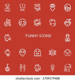 Editable 22 funny icons for web and mobile. Set of funny included icons line Clown, Jester, Kitty, Emotions, Grandmother, Yoyo, Shy, Unicorn, Elf, Hippie, Alien on red background