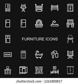 Editable 22 furniture icons for web and mobile. Set of furniture included icons line Wardrobe, Chair, Crib, Bench, Fridge, Dressing table, Desk lamp, Vanity on black background