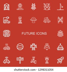 Editable 22 future icons for web and mobile. Set of future included icons line Rocket ship, Hologram, Robot, Ball, Electric car, Robotics, Ovni, Jetpack, Artificial intelligence on red background