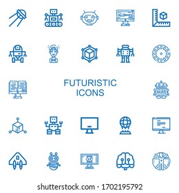 Editable 22 íconos futuristas para web y móvil. Conjunto de íconos futuristas incluidos línea Sputnik, Robot, Máscara Robot, Monitor, Cubo, Robot Espacial, Inteligencia artificial sobre fondo blanco