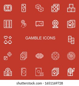 Editable 22 gamble icons for web and mobile. Set of gamble included icons line Poker table, Dominoes, Dices, Dice, Casino chip, Pool table, Roulette, Playing cards on red background
