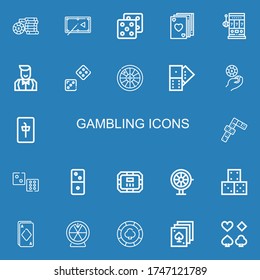 Editable 22 gambling icons for web and mobile. Set of gambling included icons line Casino chip, Pool table, Dice, Poker, Slot machine, Croupier, Roulette, Domino on blue background