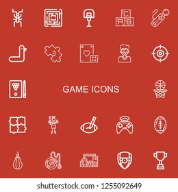 Editable 22 game icons for web and mobile. Set of game included icons line Cricket, Labyrinth, Basketball, Abc, Controller, Duck, Puzzle, Dice, Virtual reality on red background