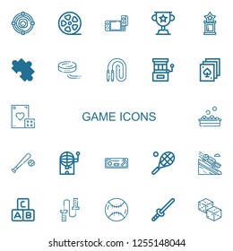 Editable 22 game icons for web and mobile. Set of game included icons line Target, Film roll, Game, Trophy, Puzzle, Puck, Jumping rope, Slot machine, Poker on white background