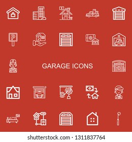 Editable 22 garage icons for web and mobile. Set of garage included icons line Real estate, Pickup truck, Garage, Parking sign, Mortgage, Smart house, Mechanic on red background