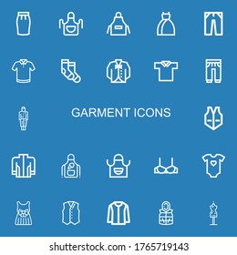 Editable 22 garment icons for web and mobile. Set of garment included icons line Skirt, Apron, Dress, Jeans, Polo shirt, Socks, Vest, Sweatpants, Jacket, Brassiere on blue background