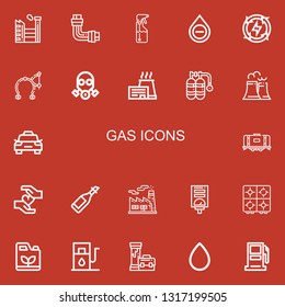 Editable 22 gas icons for web and mobile. Set of gas included icons line Factory, Pipe, Spray, Blood, Energy, Brake, Gas mask, Oxygen, Nuclear plant, Taxi, Tank on red background