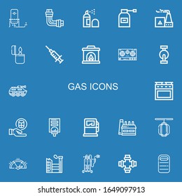 Editable 22 gas icons for web and mobile. Set of gas included icons line Oxygen, Pipe, Spray, Factory, Lighter, Blood, Fireplace, Stove, Pedal, Tank, Oven, Cylinder on blue background