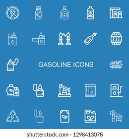 Editable 22 gasoline icons for web and mobile. Set of gasoline included icons line Electricity, Dippel oil, Oil, Gas, Gas station, Lighter, Barrel, Tank, Energy on blue background