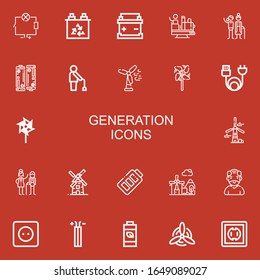Editable 22 generation icons for web and mobile. Set of generation included icons line Wiring, Battery, Attraction, Elderly, Old man, Wind turbine, Windmill on red background