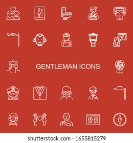Editable 22 gentleman icons for web and mobile. Set of gentleman included icons line Couple, Toilet, Woman, Mustache, Man, Beard, Tuxedo, Monk, Profile, Restroom on red background